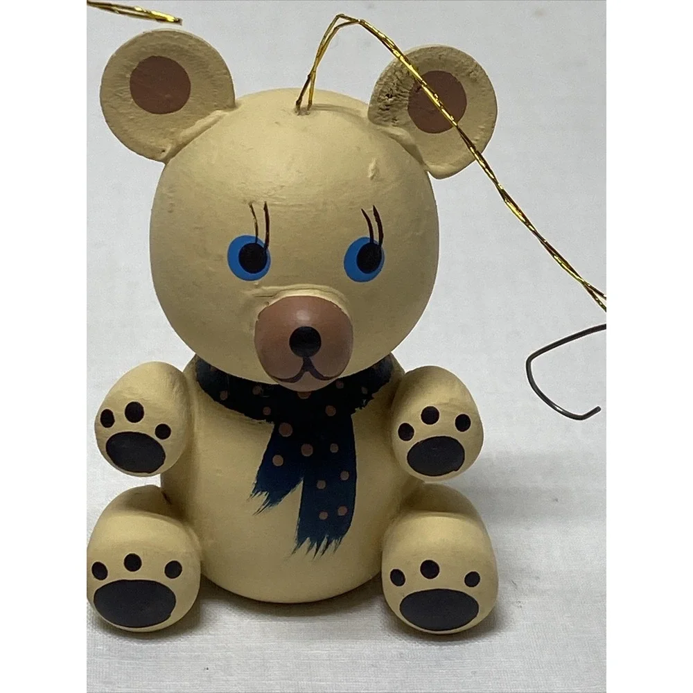 Vintage Wooden Teddy bear Christmas ornaments Lot of 2 Taiwan 3